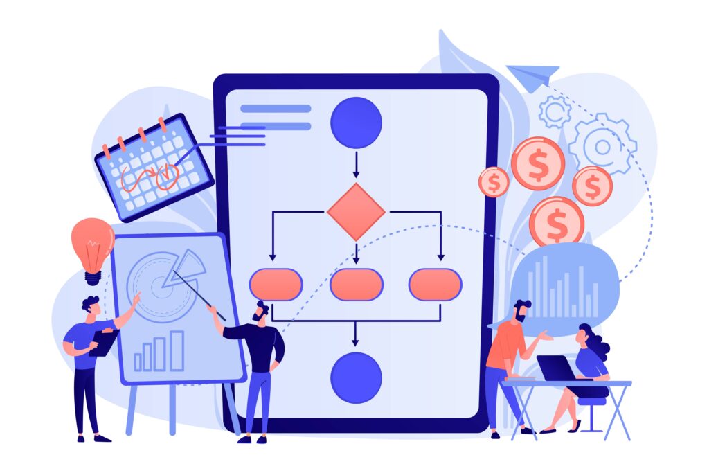 Illustration of people working together on a tablet with a flowchart displayed