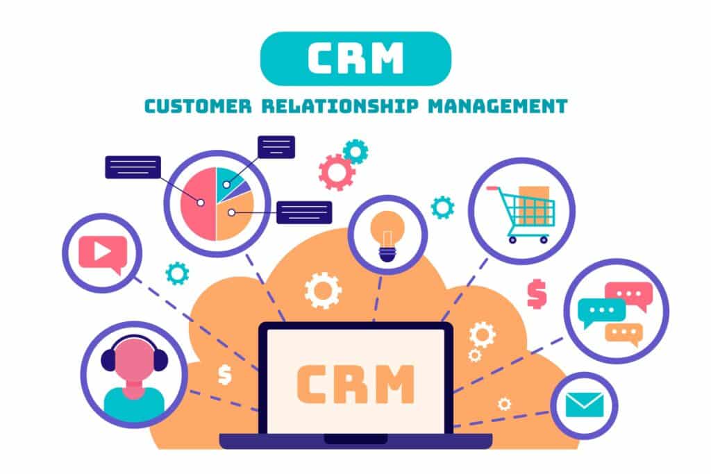 Laptop with CRM logo surrounded by icons representing customer relationship management