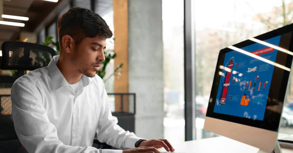 A focused professional in a white shirt working on a desktop computer displaying a logistics and export infographic.